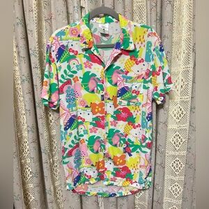 Hello Kitty Tropical Button Up Shirt Small Sanrio Hawaiian Rayon Top